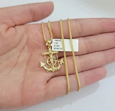 Real 10k Gold Franco Chain Jesus Anchor Charm Pendant Necklace SET Men Women