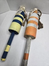 2 Decorative Wooden Bouy Set Beach House Nautical Decor Blue Orange White 