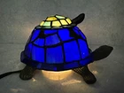 Vintage Tiffany Style Blue Stained Glass Piggyback Turtle Accent Lamp Brass