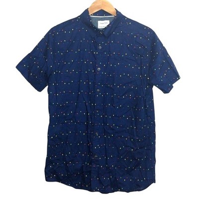 Sovereign Code Christmas Lights Shirt Mens Blue Holiday Button Short Sleeve Sz L