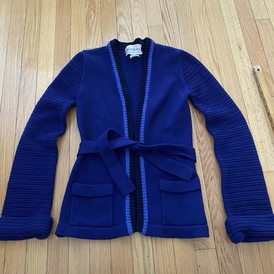 Vtg 70s Yves Saint Laurent YSL Blue Wool Belted Cardigan Sweater Women s Medium