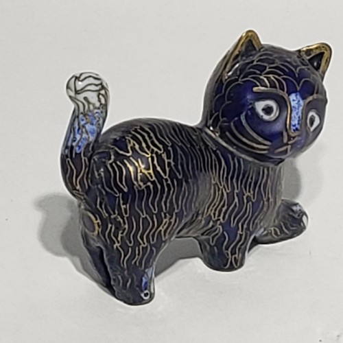 Vintage Blue and Gold Cloisonne Enameled Brass Cat Figurine - Picture 4 of 9