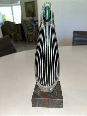 Vtg  Kosta Boda Vicke Lindstrand Zebra Vase On Marble Blk White Green Sweden