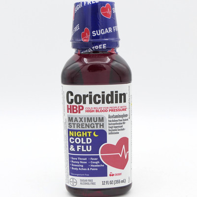 Coricidin HBP Max Strength Night Cough, Cold & Flu Cherry 12 oz Liquid Exp 07/26