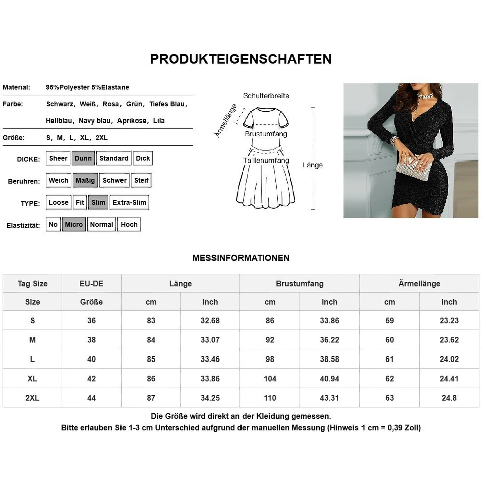 Damen V-Neck Bodyconkleid Sexy Minikleid Abendkleid Langarm Partykleid Clubwear - Bild 2 von 4