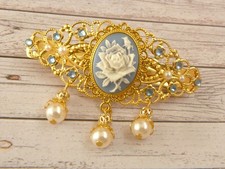 Elegant Cameo Hair Clip with Roses Cameo Blue Gold Tone Pearl Pendant