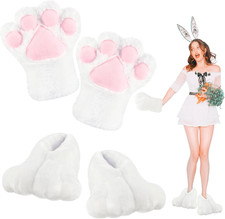 2 Pcs Adult Halloween Bunny Costume Feet Hand Gloves Set White Medium