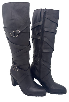 Enzo Angiolini Black Leather Boots Tall Size 8 Heel Straps EUC Fast Shipping