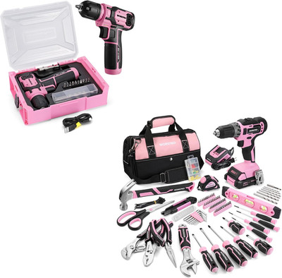 157PCS Pink Tool Set with Power Drills & Stackable Storage Box