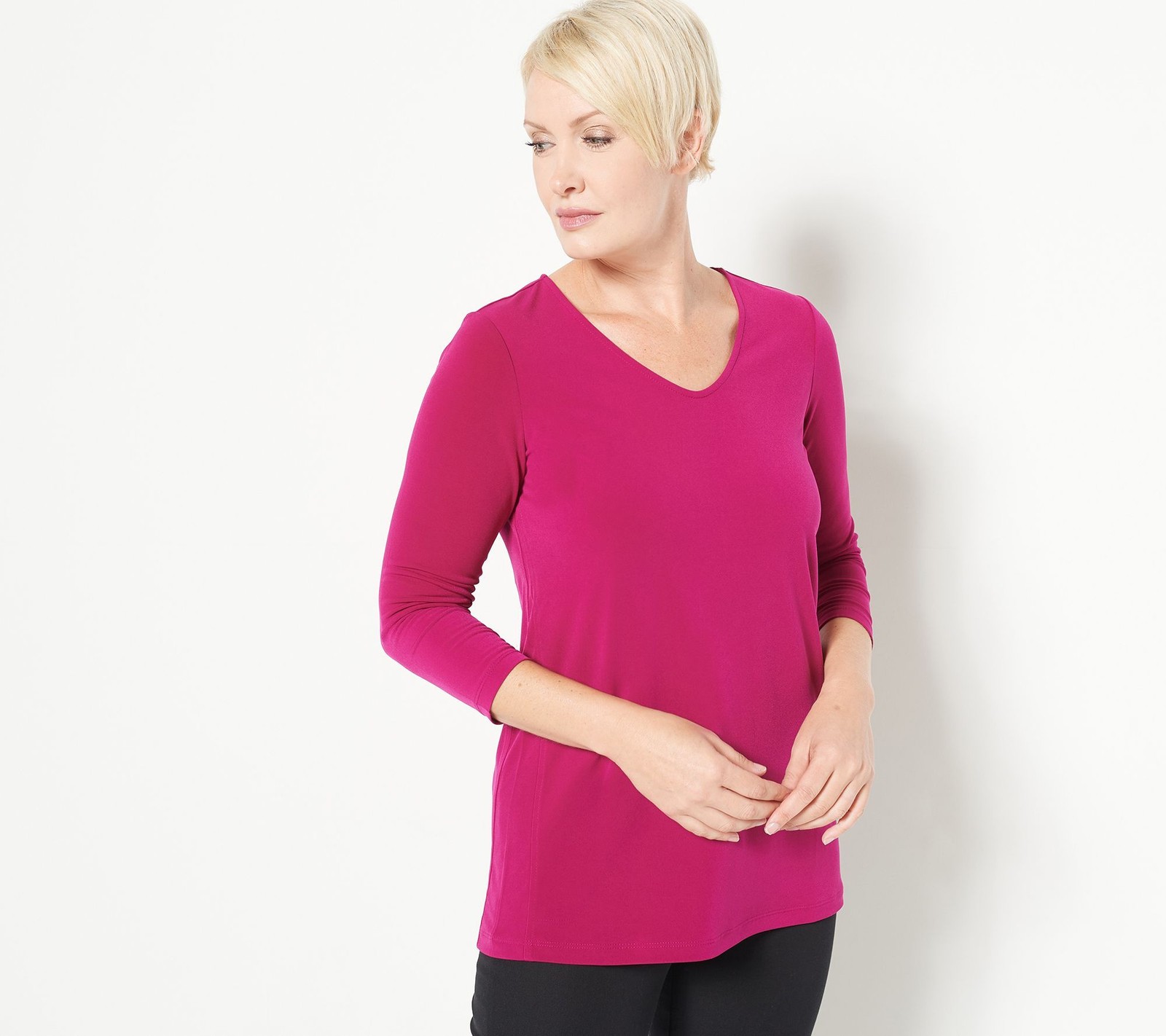 Susan Graver Women's Top Sz L Essentials Liquid Knit Sleeve Tunic Pink A456412