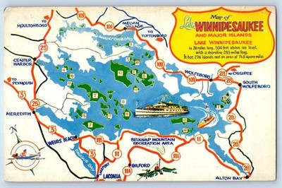 1960 Lake Winnipesaukee New Hampshire Postcard Map Major Islands Above Sea Level