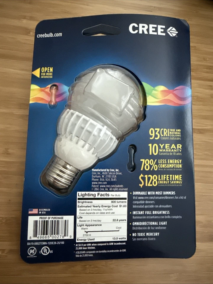 CREE Soft White LED 60W (13.5W) Dimmable Bulb 2700K/800 Lumens -USA Made -93 CRI - Image 2 of 3