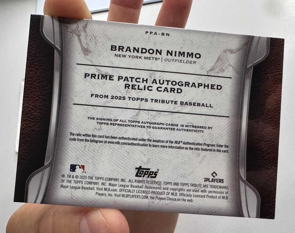 Brandon Nimmo 2025 Topps Tribute Game Usado Patch 1/1 Logotipo Nike AUTO PRIME PATCH - Imagem 2 de 2