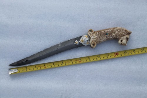 old vintage lion head stone stud bone handle grip Gold & silver inlaid dagger - Picture 3 of 24