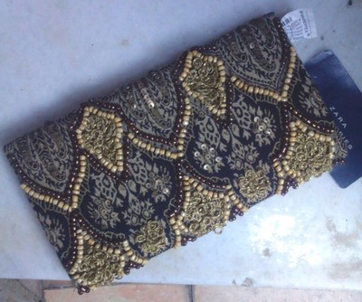 NWT ZARA Beaded Bronze, Brown, Black & Gold Clutch Wallet Bag