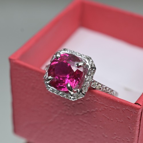 Natural 10mm Pink Sapphire Ring | Certified 925 Silver | Moissanite Accent Stone - Picture 4 of 10