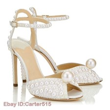 Women Rhinestone Pearl Ankle Strap Peep Toe Sandals High Stiletto Heel Slingback