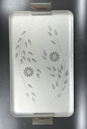MCM Metal Serving Tray Silvertone Matte & Gloss Relief Leaves & Flowers - Picture 17 of 18