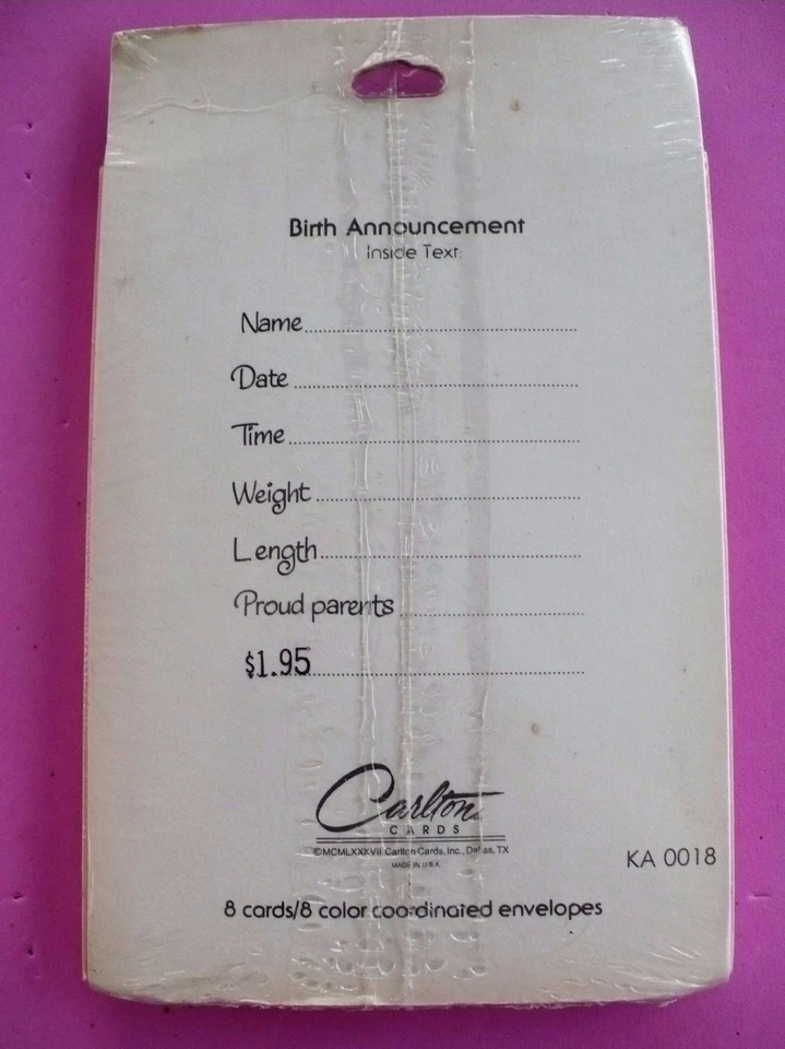 VINTAGE BABY GIRL ANNOUNCEMENT CARDS SEALED PKG 8 CARDS/ENVELOPES CARLTON CARDS - Image 2 of 2