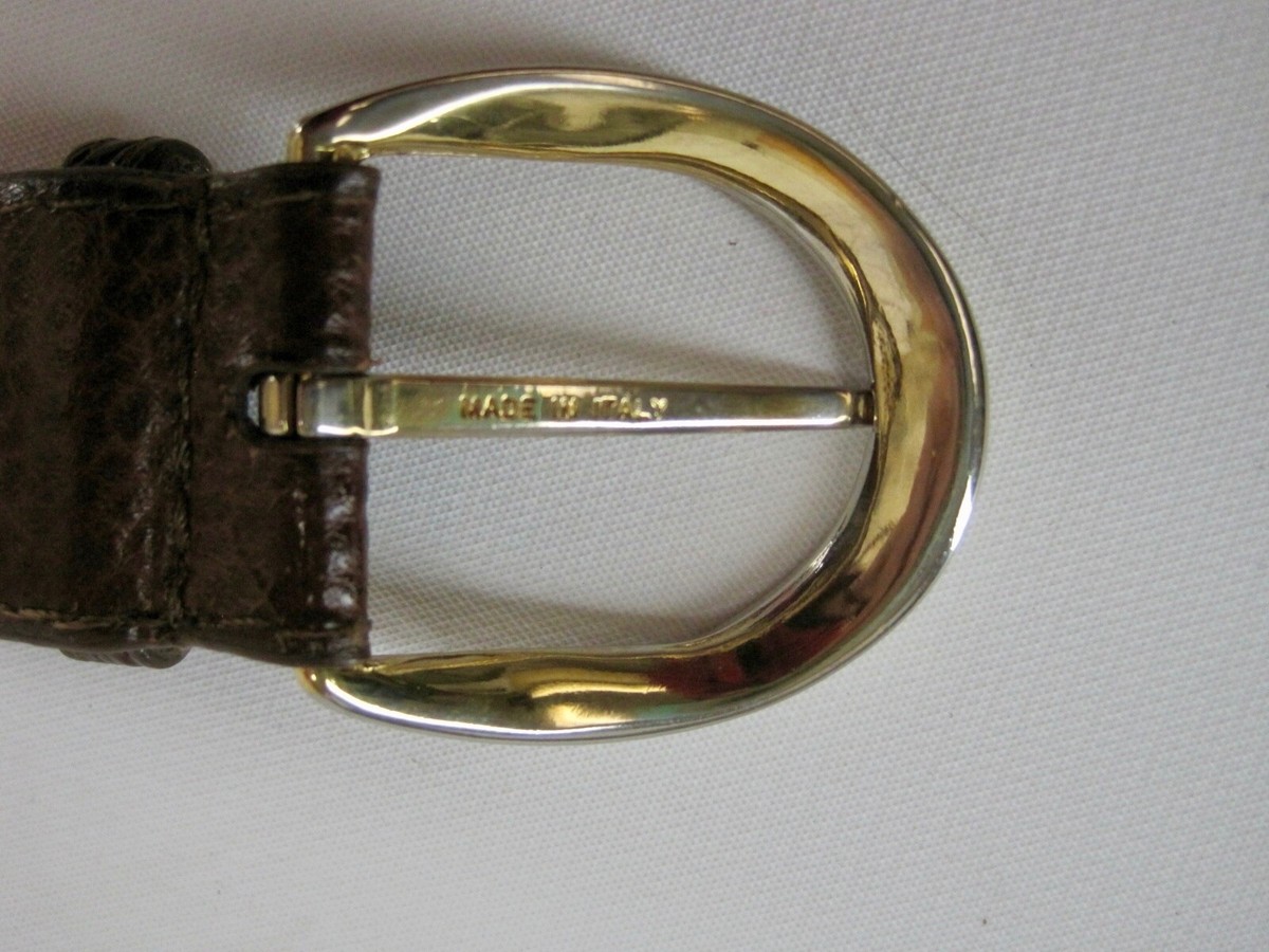 Vtg Pellateri Italy Tan Ostrich Embossed Leather Belt Gold Buckle Women Medium VTG Genuine Ostrich Brown Leather Gold Buckle Belt Made in  main image 2