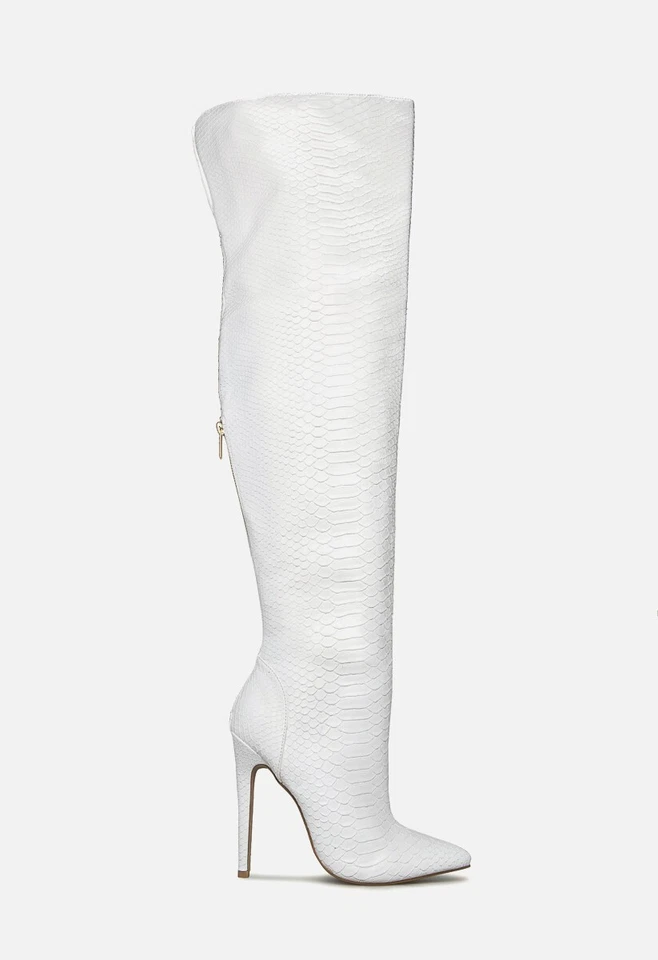 8 White Croc Thigh High Boots Pointed Toe Faux Leather Stiletto Heels Stylish - Image 3 of 4