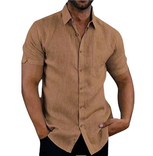 Mens Linen Shirts T-Shirt Short Sleeve Summer Casual Loose Hawaiian Blouse Tops - Picture 8 of 32
