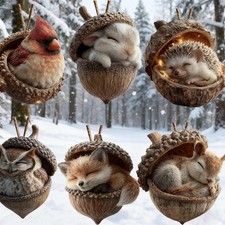 6PCS Forests Animal Acorn Ornaments, Forests Christmas Ornaments, 2D