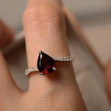 925 Sterling Silver Red Garnet Pear Cut Gemstone Women Cocktail Ring Duty Free