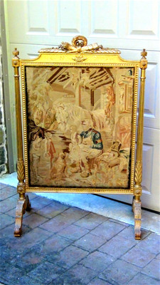 ANTIQUE 19c FRENCH LOUIS XV GILT& HAND CARVED ORIGINAL TAPESTRY FIRE SCREEN