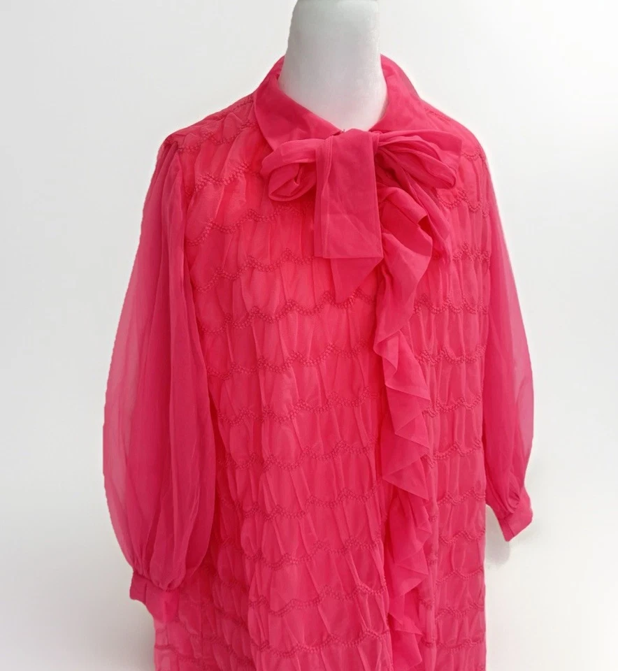 Odette Barsa Vintage Pink Chiffon Ruffle Peignoir Robe Bow Neck Glam 60s Retro - Image 3 of 4