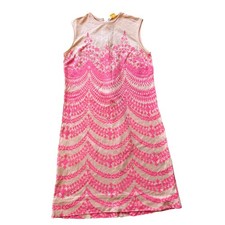 Vintage Pink Peach Damask Chevron Knit Sleeveless Shift Mini Dress