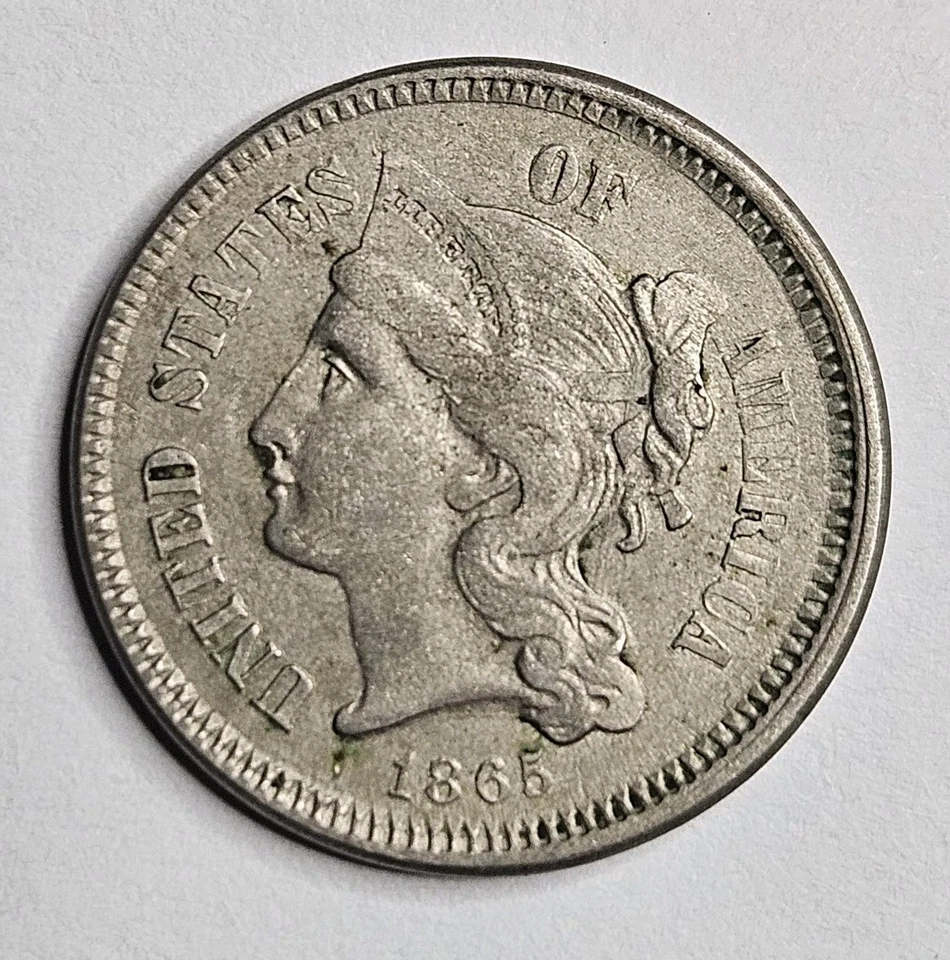 1865 Three Cent Nickel 3CN Trickle About Uncirculated AU Original Civil War - Image 3 of 4