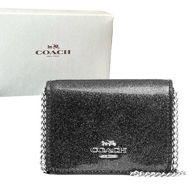 New Coach Mini Wallet On Chain Gunmetal Glitter Patent Leather