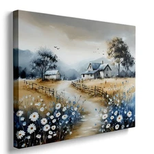 Best Rustic Farmhouse Canvas Wall Art Country Landscape with Daisies Painting