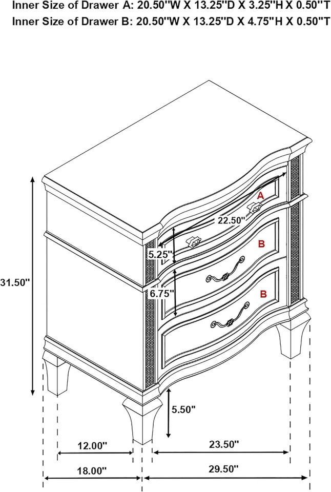 Coaster Home Furnishings Evangeline Moderno Clássico Madeira 3 Gavetas Quarto Noite - Imagem 3 de 4