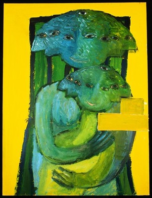 Outsider Art Iris und Diana Acrylmalerei/Collage einer hellsichtigen Künstlerin