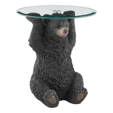 Linon Barney Bear Resin Accent Table Glass Top with Beveled Edge in Dark Brown