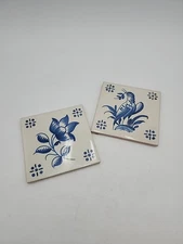 2 Vtg Viuva Lamego Portugal Tile Trivet Flower Bird Blue White Hand Painted