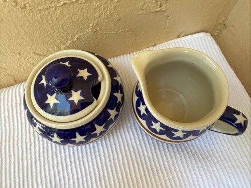 Polish Pottery Cream and Sugar Stars And Stripes Set 8-ounce Creamer Poland - Picture 2 of 12