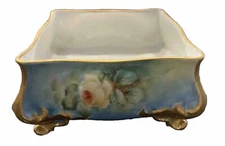 Tressemann & Vogt (T&V) Limoges Footed Floral Gilt Bowl 7.25” 1907 RARE SQUARE