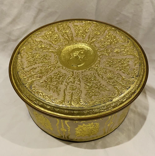 Vintage Guildcraft Tin New York USA, Round Container Gold & Off White, 8.25x3.75