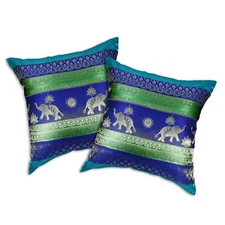 Royal Blue Thai Elephant Sun Stripes Silk Throw Pillow Cushion Cover Set