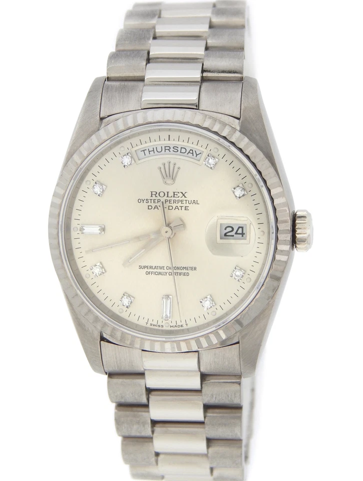 Reloj Rolex Day-Date President 18239 para hombre de oro blanco de 18 quilates esfera plateada con diamantes