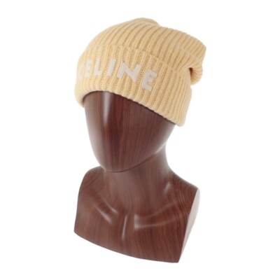 帽子 CELINE EMBROIDERED KNIT WOOL BEANIE Celine Paris Camel Beige Logo Cashmere Knit Wool Embroidered