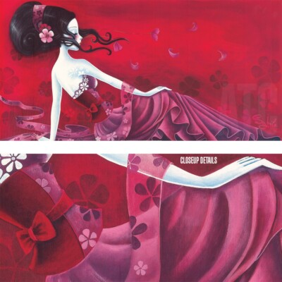 40W''x20H'' ENCHANTED BREEZE by SYBILE - RED FUCHSIA ASIAN GIRL FAN FLOWERS CANVAS