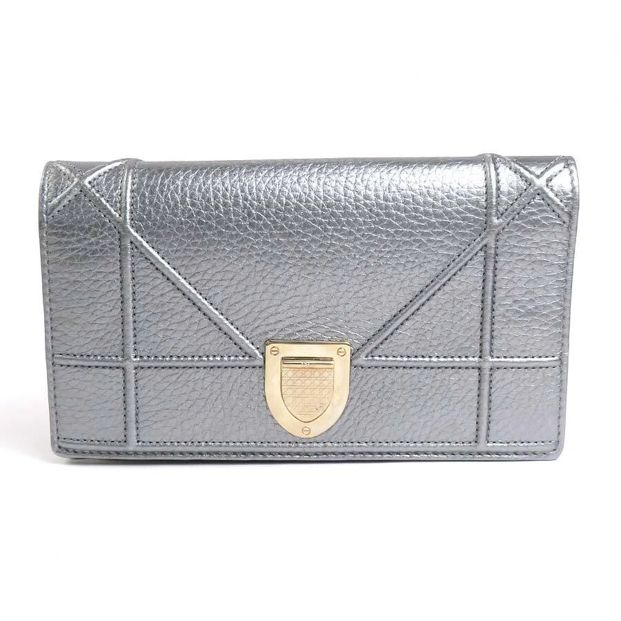 Portefeuille long authentique Christian Dior Diorama pliant cuir argent   h29870g