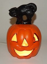 Ceramic Light Up Black Arching Cat on Jack O Lantern Pumpkin
