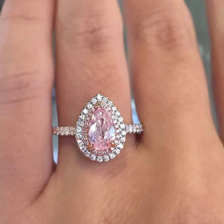 2Ct Pink Pear Double Halo White CZ Stone Engagement Ring In 925