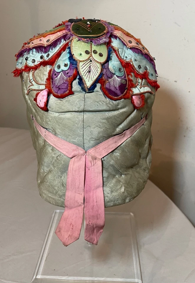 Antiguo sombrero de desfile de festival infantil de seda bordado de metal chino de 1800 ' Foto 3 de 4
