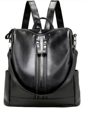 Double Zipper Faux Leather Backpack, Fashion Waterproof Backpack, Student...